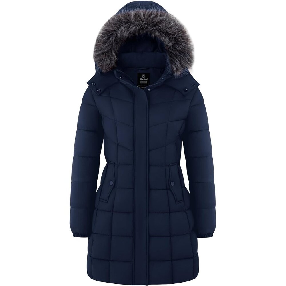 Women's Puffer Jacket Coat Navy Lightweight Windproof Winter Faux Fur Design